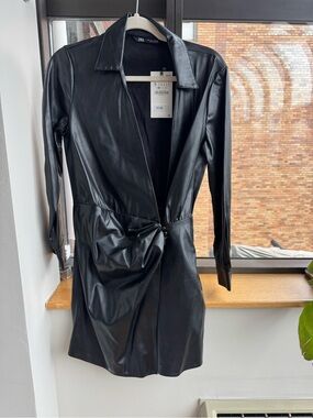 Zara Black Faux Leather Knot-Front Long Sleeve Jacket